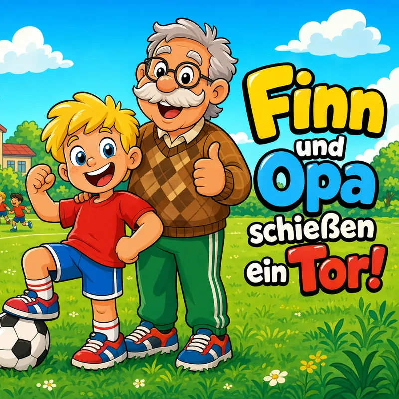Cover van het gepersonaliseerde kinderboek Finn und Opa schießen ein Tor!